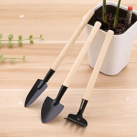 Ensemble d'Outils de Jardinage Mini Truelle Pelle et Râteau avec Manche en Bois et Tête en Métal pour Plantes d'Intérieur Plantation Désherbage