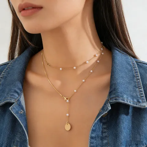 Collana Minimalista in Lega con Catena a Serpente Perla Artificiale a Doppio Strato Collana Lunga con Pendente per Donna Regalo Gioielli di Moda