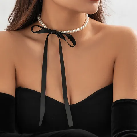 Retro Bowknot Artificial Pearl Necklace For Women Elegant DIY Satin Ribbon Tie Choker Vintage Wedding Party Jewelry Chic Necklace