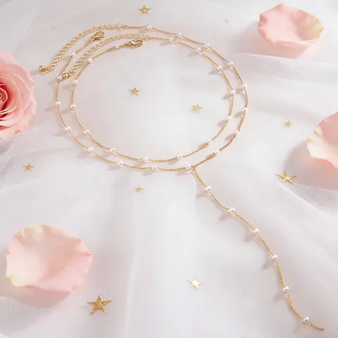 Collana Minimalista in Lega con Catena a Serpente Perla Artificiale a Doppio Strato Collana Lunga con Pendente per Donna Regalo Gioielli di Moda
