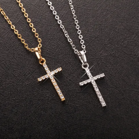 Collana con Pendente a Croce Hip Hop in Lega con Strass Minimalista Punk Gioielli per Uomo Donna Catena Oro Argento