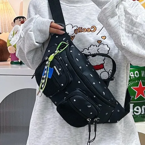 Women Water-Repellent Nylon Chest Bag Star Print Multi-Pocket Casual Waist Bag Simple Fashion Crossbody Fanny Pack For Daily Travel