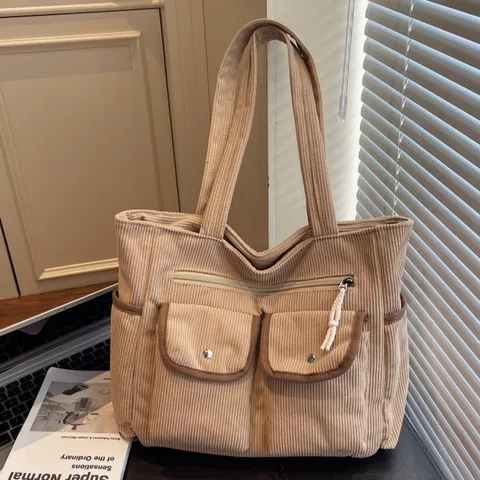 Women's Corduroy Tote Bag Large Capacity Casual Shoulder Bag Color Block Multi-Pocket Commuter Handbag