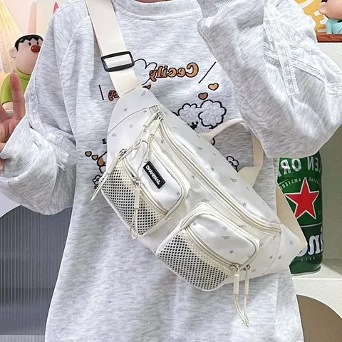 Women Water-Repellent Nylon Chest Bag Star Print Multi-Pocket Casual Waist Bag Simple Fashion Crossbody Fanny Pack For Daily Travel