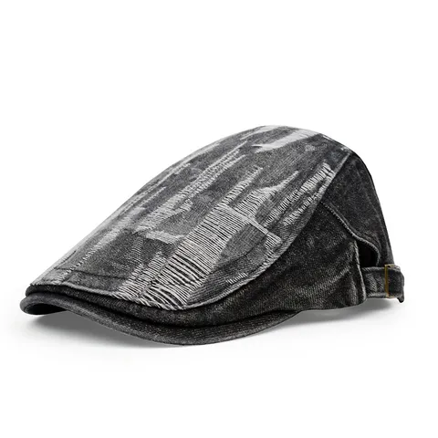 Western Vintage Distressed Denim Newsboy Cap For Women Men Washed Cotton Beret Hat Retro Streetwear Adjustable Peak Cap