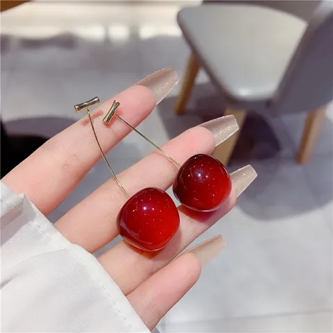 Vintage Long Cherry Stud Earrings For Women Wine Red Fruit Shape Earrings Gold Plated Elegant Dangle Earrings Jewelry Gift