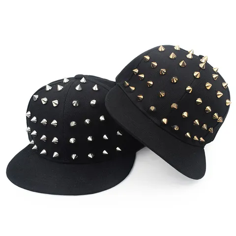 Hip Hop Studded Hat Flat Brim Snapback Punk Style Rivet Cap For Men Women Street Dance Performance Fashion Adjustable Cotton Hat