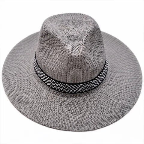 Chapeau de Paille d'Été pour Hommes Protection Solaire Bord Large Fedora Respirant Polyester Tissé Chapeau de Plage pour Père