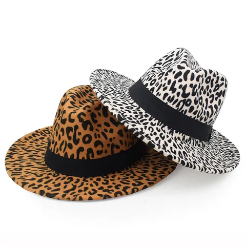 Sombrero Fedora Vintage con Estampado de Leopardo para Hombre Mujer Poliéster Ala Plana Jazz Sombrero Otoño Invierno Cálido Moda Panamá