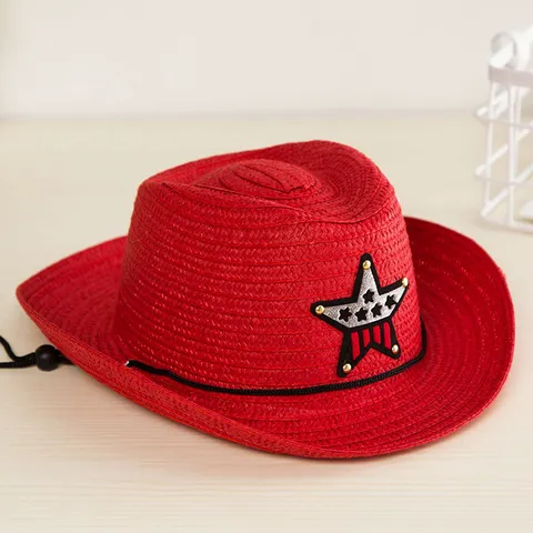 Chapeau de Cowboy en Paille pour Enfants Avec Patch Étoile Bébé Jazz Chapeau de Soleil Respirant Tissé Été Plage Paille