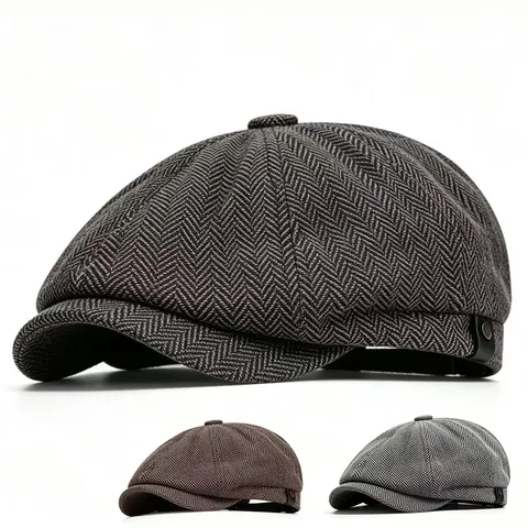 British Retro Herringbone Newsboy Cap For Men Vintage Cotton Octagonal Baker Boy Hat Distressed Classic Flat Cap Accessory