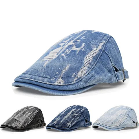 Western Vintage Distressed Denim Newsboy Cap For Women Men Washed Cotton Beret Hat Retro Streetwear Adjustable Peak Cap