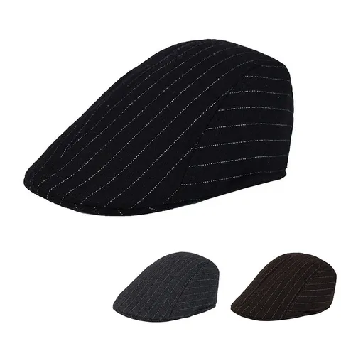 Herren Retro Gestreifte Schiebermütze Winter Warm Baumwolle Baskenmütze Vintage Flat Cap Für Ältere Vater Kopfbedeckung
