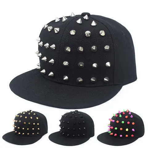 Hip Hop Studded Hat Flat Brim Snapback Punk Style Rivet Cap For Men Women Street Dance Performance Fashion Adjustable Cotton Hat