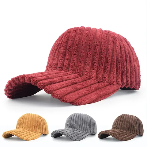 Korean Style Thick Corduroy Baseball Cap For Women Men Solid Color Striped Peaked Cap Autumn Winter Warm Adjustable Casual Fashion Hat