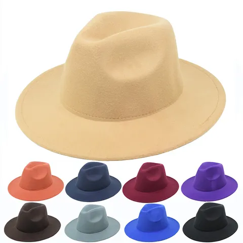Unisex Wide Brim Fedora Hat Vintage Polyester Felt Jazz Cap Solid Color Autumn Winter Elegant Party Hat For Men Women