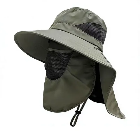 Polyester Outdoor Sun Hat For Men With Detachable Face Mask Neck Flap Wide Brim UV Protection Hiking Fishing Hat