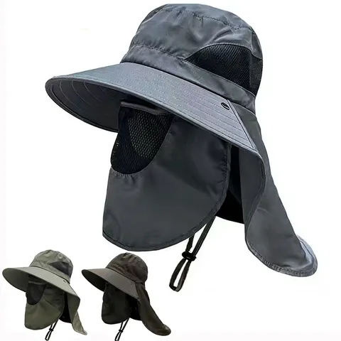 Polyester Outdoor Sun Hat For Men With Detachable Face Mask Neck Flap Wide Brim UV Protection Hiking Fishing Hat