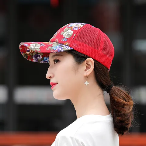 Women Vintage Floral Baseball Cap Breathable Mesh Sun Protection Hat For Outdoor Travel Sport Adjustable Trucker Cap