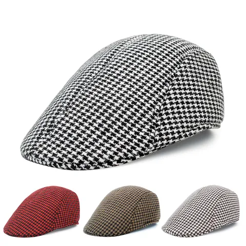Retro British Plaid Woolen Beret For Men Winter Warm Houndstooth Flat Cap Classic Newsboy Hat Fashion Casual Duckbill Cap