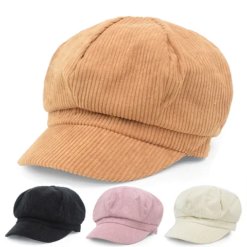 Women Corduroy Octagonal Hat Solid Color Newsboy Cap For Autumn Winter Casual Pumpkin Beret Hat Sun Protection Retro Hat