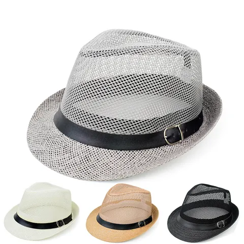 Men's Summer Breathable Mesh Fedora Hat Retro Jazz Sun Protection Beach Straw Hat With Leather Band Outdoor Travel Sunshade Cap