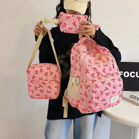 Nylon Backpack Set Printed Bowknot School Backpack Large Capacity Shoulder Bag With Small Clutch For University Travel Women