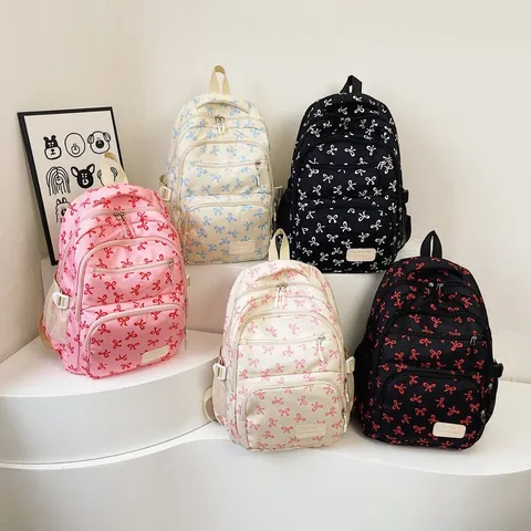 Nylon Backpack Set Printed Bowknot School Backpack Large Capacity Shoulder Bag With Small Clutch For University Travel Women