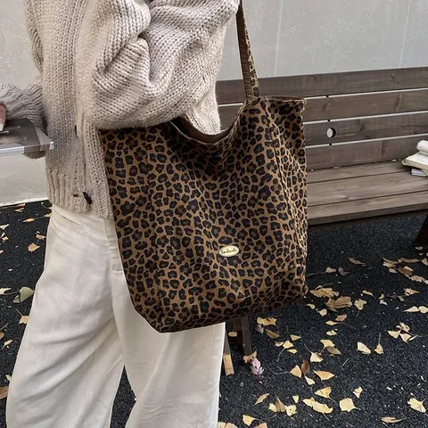 Leopard Print Double Sided Nylon Tote Bag Large Capacity Reversible Shoulder Bag Academy Style Casual Student Schoolbag Handbag