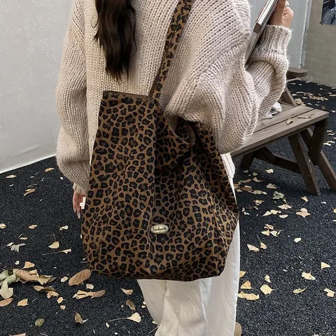 Leopard Print Double Sided Nylon Tote Bag Large Capacity Reversible Shoulder Bag Academy Style Casual Student Schoolbag Handbag