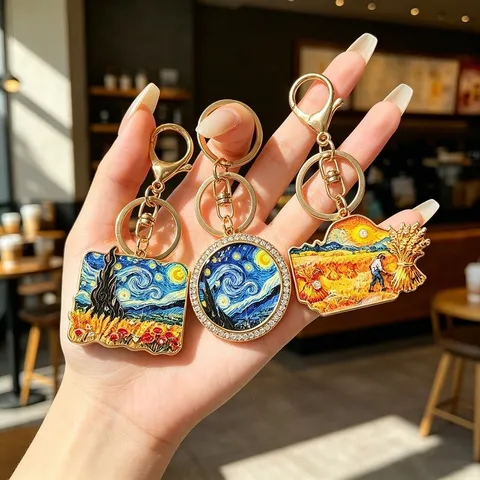 Retro Künstlerisch Legierung Ölgemälde Schlüsselanhänger Luxus Strass Sternennacht Weizenfeld Metall Tasche Anhänger Schmuck
