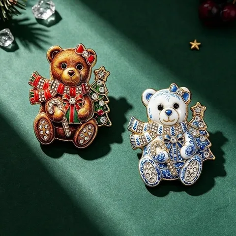 Christmas Bear Brooch For Women Men Zinc Alloy Rhinestone Inlaid Blue White Porcelain Animal Pin Festive Jewelry Gift