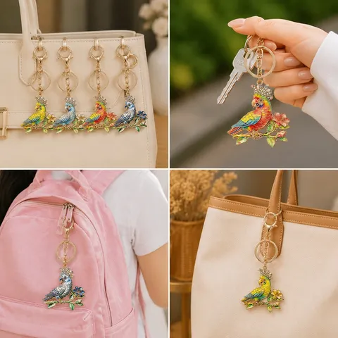 Fashion Enamel Parrot Flower Keychain Rhinestone Alloy Chinese Style Bird Bag Pendant Car Key Ring Jewelry Gift For Women