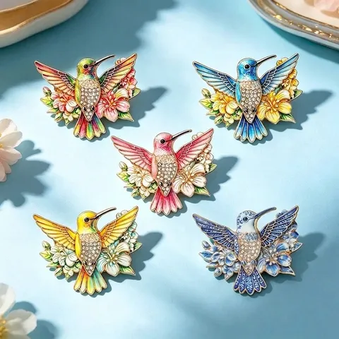 Hummingbird Flower Brooch Rhinestone Zinc Alloy Pin For Women Fashion Jacket Coat Dress Wedding Party Accessory