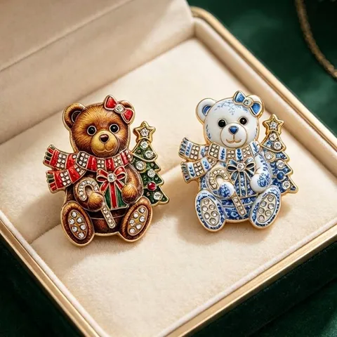 Christmas Bear Brooch For Women Men Zinc Alloy Rhinestone Inlaid Blue White Porcelain Animal Pin Festive Jewelry Gift