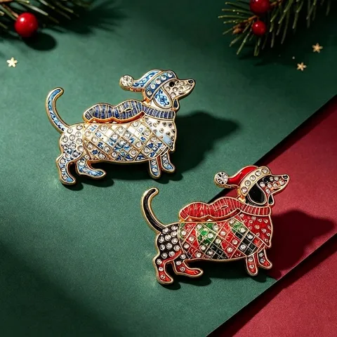 Weihnachten Cartoon Dackel Brosche Legierung Strass Eingelegt Niedlich Tier Hut Schal Welpe Anstecknadel Festliche Bekleidung Zubehör Geschenk Schmuck Für Damen Herren
