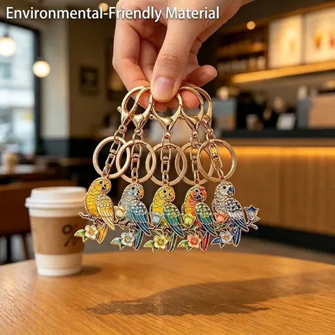 Enamel Parrot Flower Branch Keychain Rhinestone Inlaid Alloy Bird Pendant Bag Accessory Car Key Chain Gift For Women