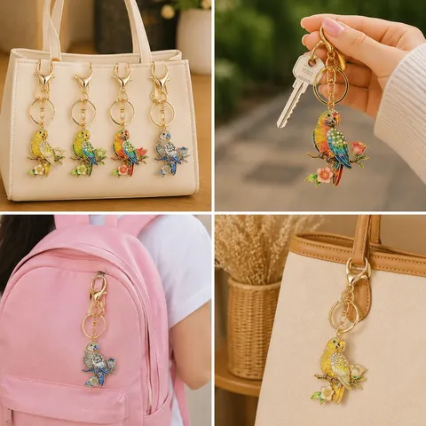 Enamel Parrot Flower Branch Keychain Rhinestone Inlaid Alloy Bird Pendant Bag Accessory Car Key Chain Gift For Women