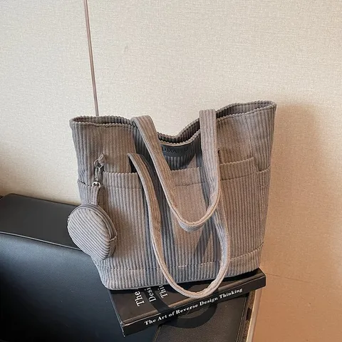 Large Capacity Corduroy Tote Bag For Women Forest Style Literary Vintage Handbag Students School Shoulder Bag With Mini Round Pouch