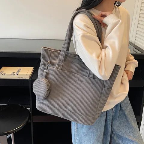 Large Capacity Corduroy Tote Bag For Women Forest Style Literary Vintage Handbag Students School Shoulder Bag With Mini Round Pouch