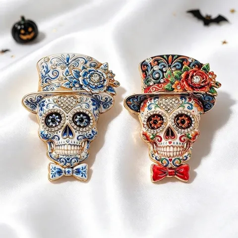 Mexikanische Tag Der Toten Brosche Vintage Gothic Halloween Schmuck Für Damen Herren Legierung Strass Totenkopf Hut Reversnadel Zubehör