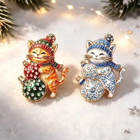 Fashion Christmas Cat Brooch For Women Cute Animal Christmas Pin Clothing Accessories Rhinestone Zinc Alloy Cat Brooch Jewelry Gift