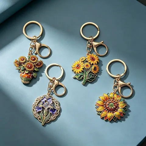 Llavero Floral Artístico Aleación Strass Esmalte Girasol Iris Adorno de Bolso Estilo Pintura al Óleo Retro Regalo