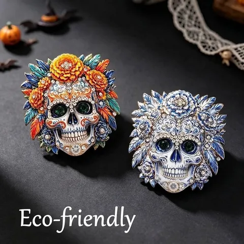 Day Of The Dead Skull Flower Brooch Vintage Zinc Alloy Rhinestone Enamel Mexican Festival Jewelry For Halloween Party Suits Decor Unisex