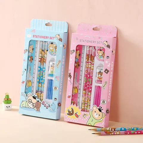 Set di Cancelleria per Bambini Simpatico Orso Cartone Animato Matita Righello Gomma Temperamatite Forniture Scolastiche Scatola Regalo Per Studenti Bambini