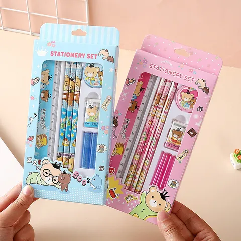 Set di Cancelleria per Bambini Simpatico Orso Cartone Animato Matita Righello Gomma Temperamatite Forniture Scolastiche Scatola Regalo Per Studenti Bambini