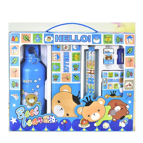 Kinder Cartoon Bär Schreibwaren Set Geschenkbox Wasserflasche Blechdose Bleistift Lineal Radiergummi Anspitzer Notizbuch Schulbedarf