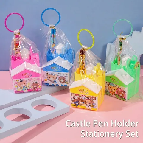 Cancelleria a Forma di Casetta Cartone Animato per Bambini Studenti Forniture Scolastiche Portapenne Castello con Matita Righello Forbici Temperino Regalo di Compleanno
