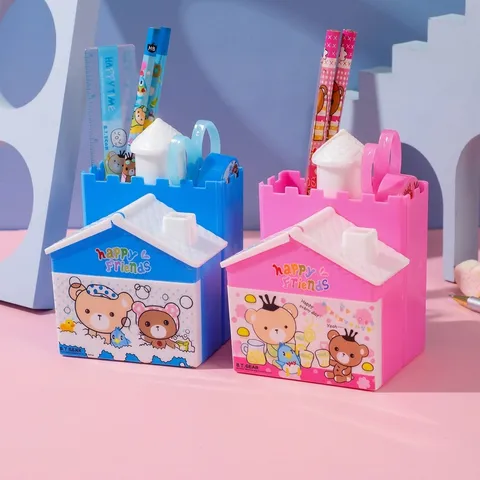 Cancelleria a Forma di Casetta Cartone Animato per Bambini Studenti Forniture Scolastiche Portapenne Castello con Matita Righello Forbici Temperino Regalo di Compleanno