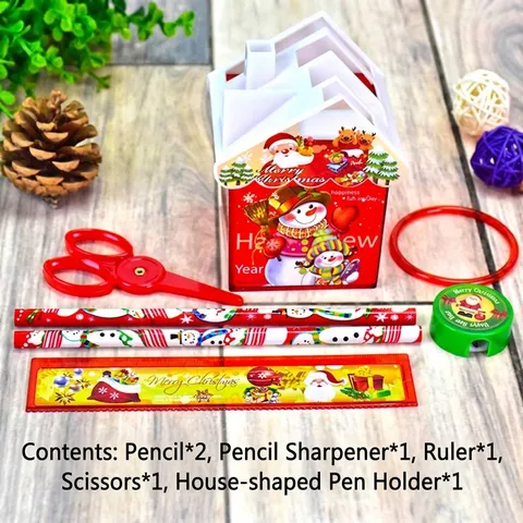 Kids Christmas Stationery Set With Red House Shape Pen Holder Ruler Pencils Sharpener Scissors School Supplies Gift